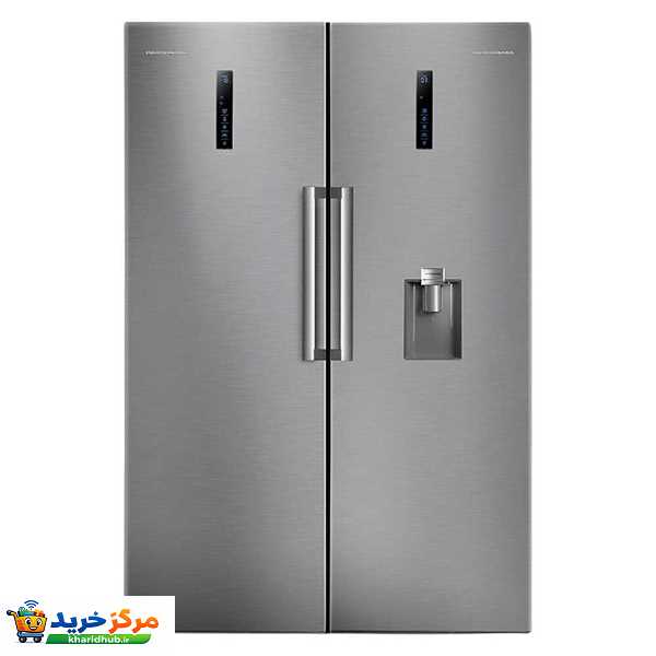 یخچال فریزر دوقلو پاکشوما مدل RTRA-RTFA901 iX (N1) سری Twin Peaks، دارای نمایشگر و بدون برفک، با ارتفاع 187، پهنای 118 و عمق 73 سانتی‌متر، میزان مصرف انرژی A+، دارای 5 طبقه در یخچال و 4 کشو در فریزر