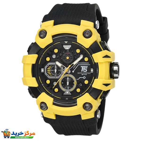 ساعت مچی عقربه‌ای کوارتز مردانه تی فایو
 مدل اسپرت دو زمانه کرنوگراف بند پیو کد T007