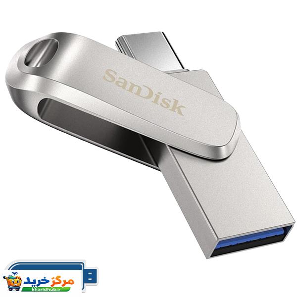 فلش مموری سن دیسک مدل Ultra Dual Drive Luxe ظرفیت 64 گیگابایت با دو رابط USB تایپ سی و USB 3.2 Gen1، بدنه فلزی چرخشی، سرعت انتقال 150 مگابایت بر ثانیه و سازگار با گوشی، تبلت، کامپیوتر و تلویزیون