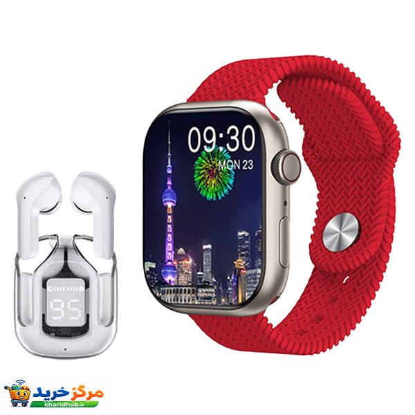 ساعت هوشمند مدل WS 77 MAX دارای قابلیت کنترل سطح اکسیژن خون و قابلیت مکالمه از طریق بلوتوث با بند سیلیکونی به همراه ایرپاد