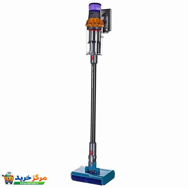 جارو شارژی عصایی دایسون مدل V15s Detect Submarine با موتور 240 وات، باتری 3600 میلی‌آمپر‌ساعت، ظرفیت مخزن 0.77 لیتر، تی‌کشی مرطوب با غلتک Submarine، لیزر نوری برای تشخیص گرد و غبار، صدای 71 دسی‌بل و جمع‌آوری مو و پرز بدون گره‌خوردن