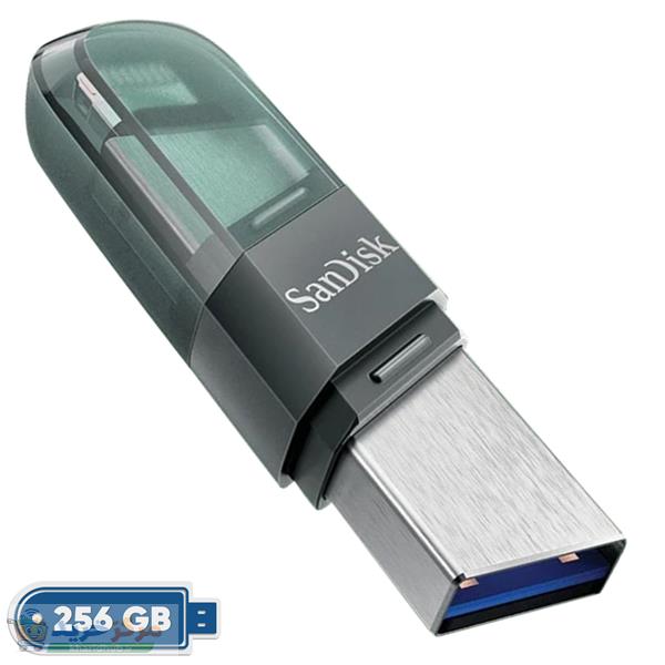 فلش مموری سن دیسک iXPAND FLIP ظرفیت 256 گیگابایت با دو رابط Lightning و USB 3.1، بدنه فلزی، سازگار با iPhone، iPad، ویندوز و مک، انتقال خودکار عکس و ویدیو، طراحی درپوش‌دار و سبک