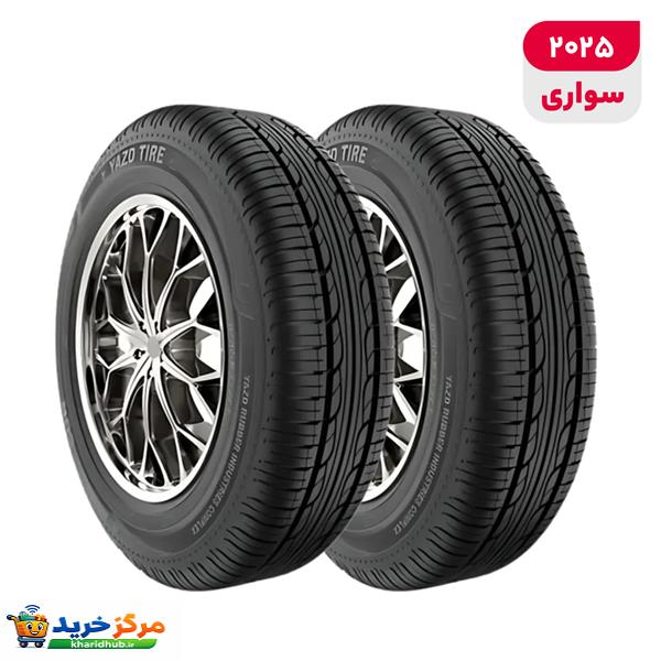لاستیک خودرو یزد تایر مدل SUN با کاربری سواری و سایز رینگ 13 اینچ، فاق 60 درصد پهنا و پهنای 175 میلی‌متر، شاخص تحمل وزن 77 و شاخص سرعت T (حداکثر سرعت 190 کیلومتر بر ساعت)، ساخت ایران، دارای تکنولوژی رادیال و تایر تیوبلس، 2 حلقه