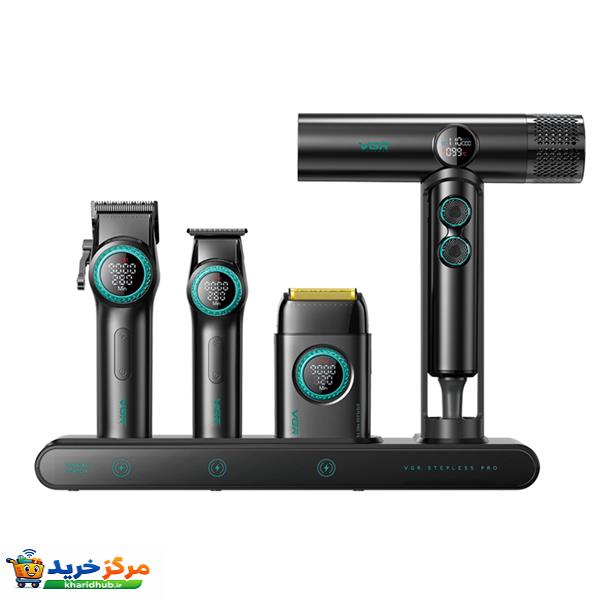 ست سشوار و ماشین اصلاح موی سر و صورت شارژی وی جی آر مدل Stepless pro مجموعه ۴ عددی