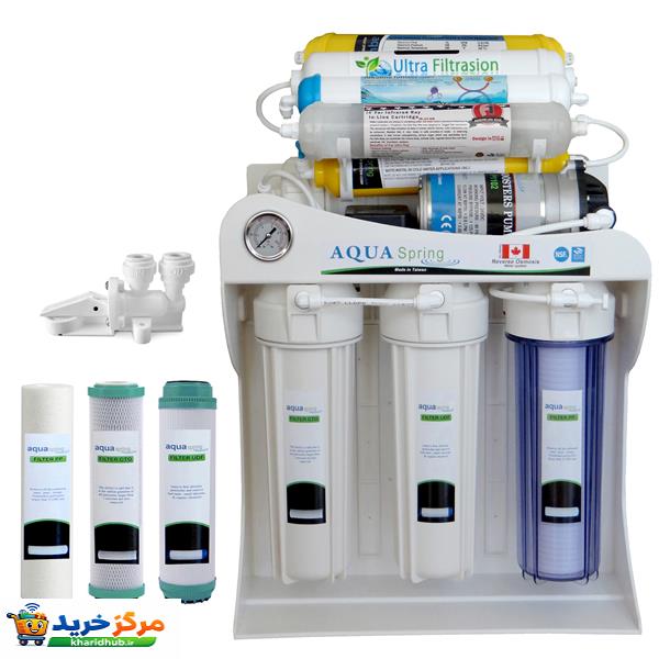 دستگاه تصفیه کننده آب آکوآ اسپرینگ مدل sf4990 به همراه کیت نشتی گیر و فیلتر مدل 01 مجموعه 3 عددی