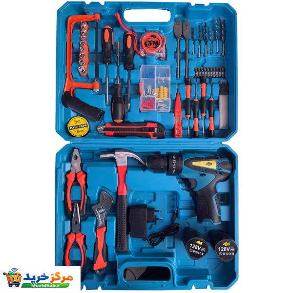 مجموعه 199 عددی دریل پیچ گوشتی چکشی شارژی 10 میلی متری 128 ولت جاب مدل JB-128 GRE