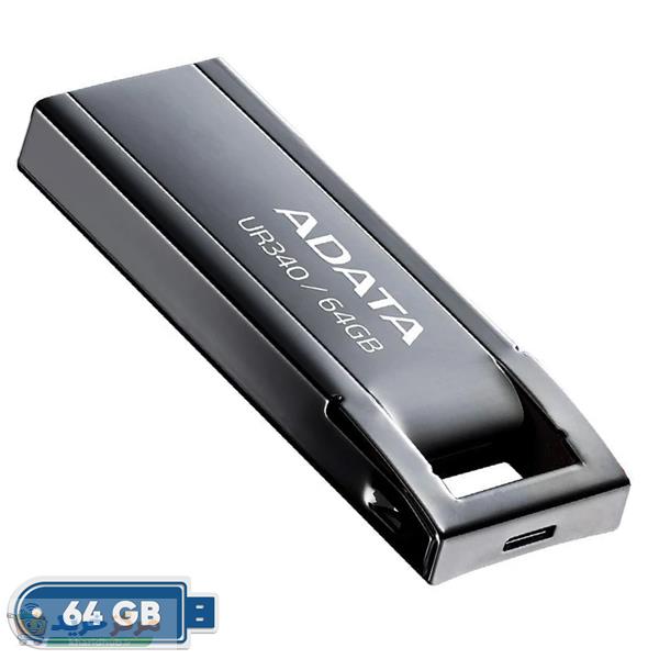 فلش مموری ای دیتا مدل UR340 ظرفیت 64 گیگابایت با بدنه فلزی، رابط USB 3.2 Gen1 Type-A، سرعت انتقال 100 مگابایت بر ثانیه و پشتیبانی از سیستم‌عامل‌های ویندوز، مک و لینوکس