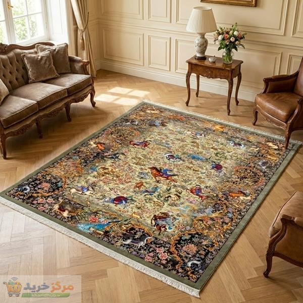فرش ماشینی 1500 شانه محتشم زمینه سبز حاشیه خاکستری مدل شکارگاه