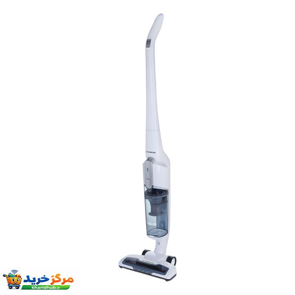 جارو شارژی عصایی ایکس‌ویژن مدل SVC-2950 باتری لیتیوم‌یونی 2000 میلی‌آمپر، موتور 140 وات با توان مکش 8 کیلوپاسکال، فیلتر HEPA قابل شست‌وشو، تنظیم سرعت دو حالته و پایه شارژ دیواری