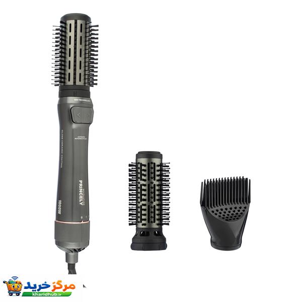 سشوار برس‌دار چرخشی 240 وات پرنسلی مدل PR312AT، موتور DC، وزن 1430 گرم، دارای سری شانه‌دار، سری برس‌دار گرد پهن، سری چرخشی، کیف نگه‌دارنده، سری دندانه‌دار با ویژگی فرکنندگی، صاف‌کنندگی، حجم‌دهندگی