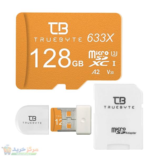 کارت حافظه microSDXC تروبایت مدل A2-V30-633X کلاس 10 استاندارد UHS-I U3 سرعت 95MBps ظرفیت 128گیگابایت به همراه کارت خوان