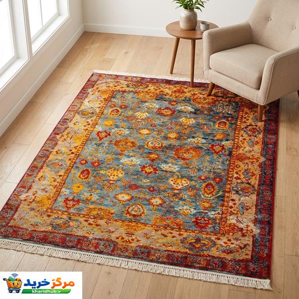 فرش ماشینی 700 شانه زمینه آبی حاشیه قرمز لاکی مدل شاهکار نوين کد N136