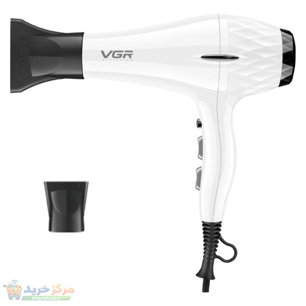 سشوار حرفه‌ای 2200 وات وی جی ار مدل V-413، موتور AC، وزن 802 گرم، المنت سرامیک تورمالین، دارای سری متمرکز‌کننده باریک، متمرکز‌کننده پهن با ویژگی صاف‌کنندگی، حجم‌دهندگی، با قابلیت باد سرد
