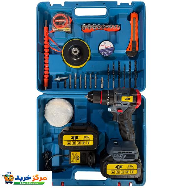دریل پیچ گوشتی شارژی چکشی سه نظام فلزی 10 میلیمتر 188 ولت جاب مدل JB-188 PRO MAX مجموعه 40 عددی