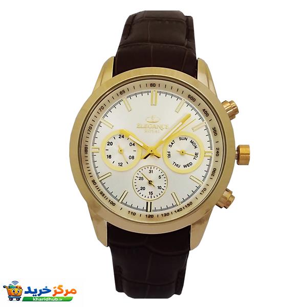 ساعت مچی عقربه‌ای کوارتز مردانه الگانس مدل سه موتور فعال فول تایم بندچرم رویال کد 9893ELGA