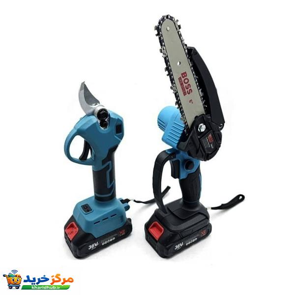 کیت اره زنجیری شارژی و قیچی شارژی باس مدل BS- twin3 مجموعه دو عددی