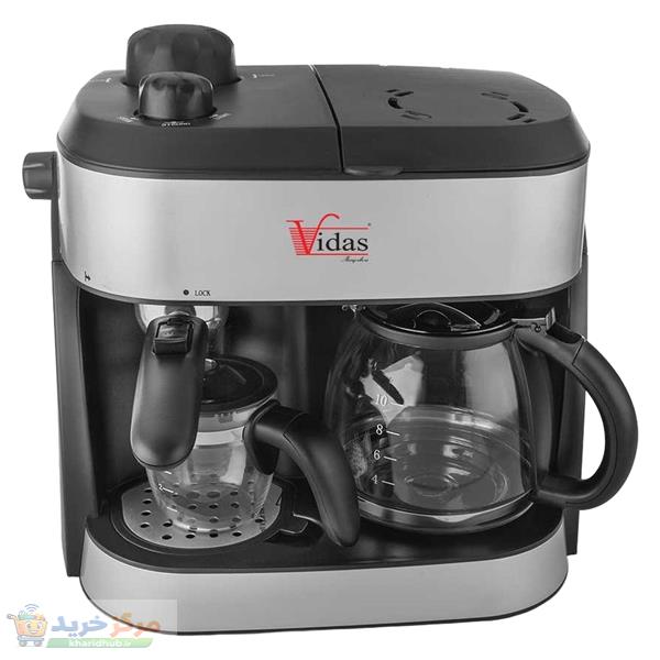 اسپرسوساز 1200 میلی‌لیتری ویداس مدل VIR-2352، با مصرف پودر قهوه، مناسب تهیه اسپرسو و فرانسه، دارای 1 عدد نازل قهوه، سینی چکه‌گیر