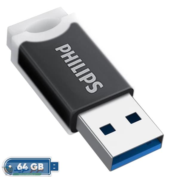 فلش مموری فیلیپس مدل FM10UA-B 3.2 ظرفیت 64 گیگابایت با رابط USB 3.2 Gen1، سرعت خواندن تا 130 مگابایت بر ثانیه، سازگار با ویندوز، مک و لینوکس، طراحی درپوش‌دار و مقاوم در برابر خش و اثر انگشت