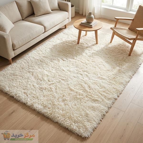 فرش ماشینی مدل شگی فلوکاتی طرح پرزبلند زمینه کرم