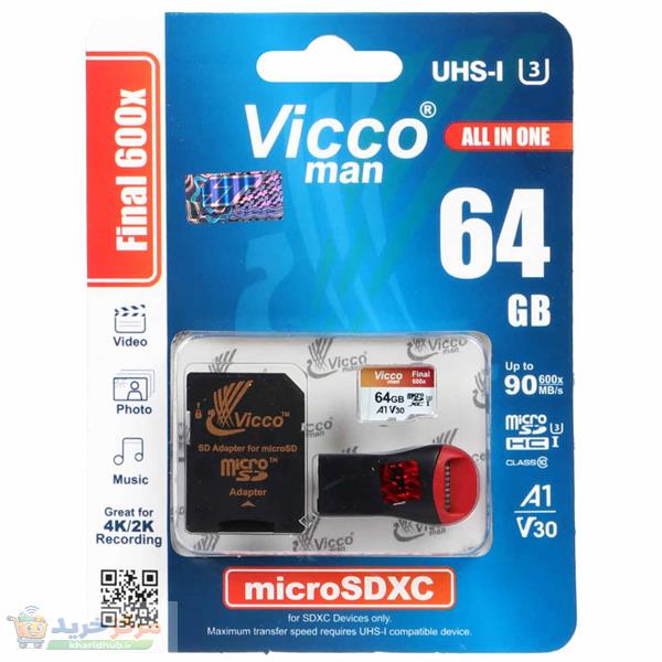 کارت حافظه microSDXC ویکو من مدل Final 600X کلاس 10 استاندارد UHS-I U3 سرعت 90MBps ظرفیت 64گیگابایت همراه با کارت خوان