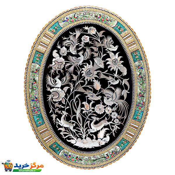 تابلو قلمزنی صنایع دستی فاخر مدل الیپس قاب خاتم و نقاشی طرح گل و مرغ برجسته کد 86p66-4f4gr