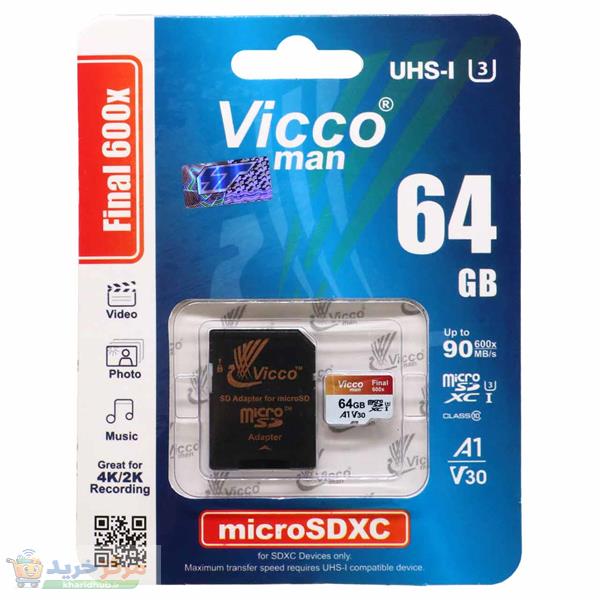کارت حافظه microSDXC ویکومن مدل 600x plus کلاس 10 استاندارد UHS-I U3 A1 V30 سرعت 90MBs ظرفیت 64 گیگابایت به همراه آداپتور SD