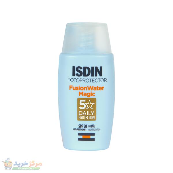 فلوئید ضدآفتاب بدون رنگ ایزدین SPF50 مدل Fusion Water Magic ‌مناسب انواع پوست، حجم 50 میلی‌لیتر
