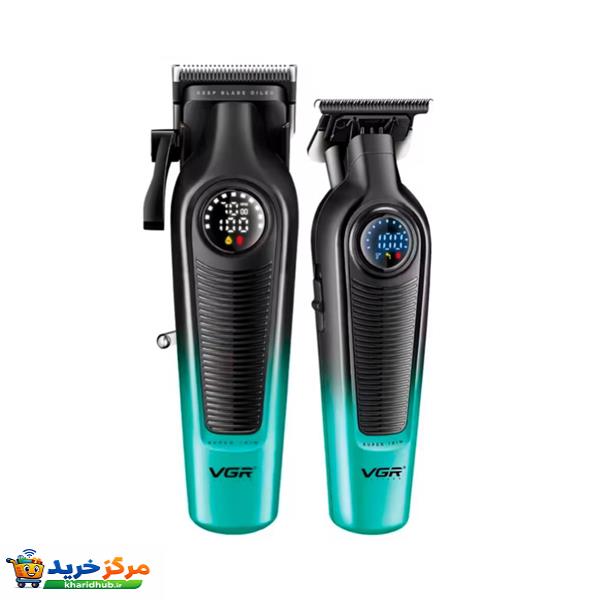 ماشین اصلاح موی سر و صورت شارژی وی جی ار مدل V-196&996 مجموعه دو عددی با تیغه سرامیک و تیتانیوم پیشرفته، باتری لیتیوم یون 2000 میلی‌آمپر ساعت، نمایشگر شارژ و طراحی ارگونومیک مقاوم در برابر ضربه