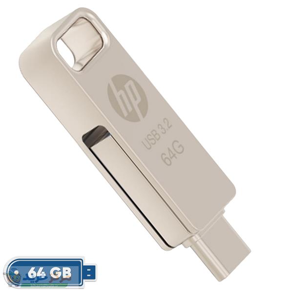 فلش مموری اچ‌پی مدل x206c ظرفیت 64 گیگابایت با طراحی چرخشی، بدنه فلزی، دو رابط USB Type-C و USB Type-A، سرعت انتقال تا 100 مگابایت بر ثانیه و سازگار با ویندوز و مک