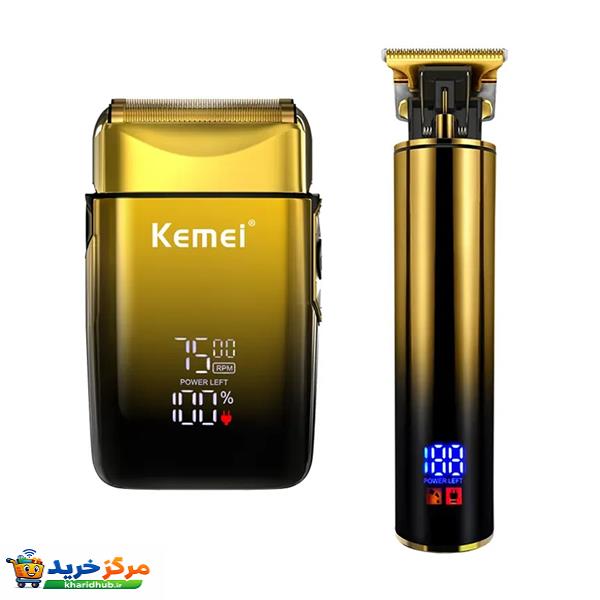مجموعه 2 عددی ماشین اصلاح موی سر و صورت کیمی مدل KM-2131 با تیغه استیل ضدزنگ، شارژ سریع، تنظیم سرعت، منبع انرژی کابل USB، شامل شیور صفرزن، تریمر حجم‌زن و خط‌زن با مدت استفاده 120 دقیقه پس از شارژ