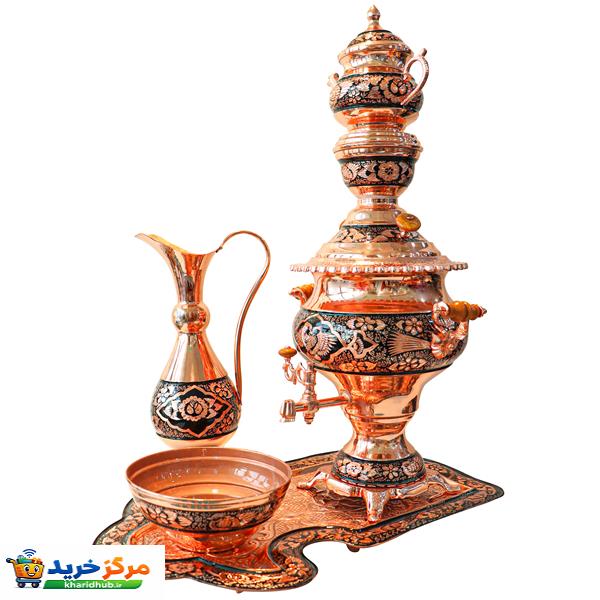 سرویس سماور 5 پارچه مسی مدل الماس تراش نیمه تراش طرح شاه عباسی کد 75