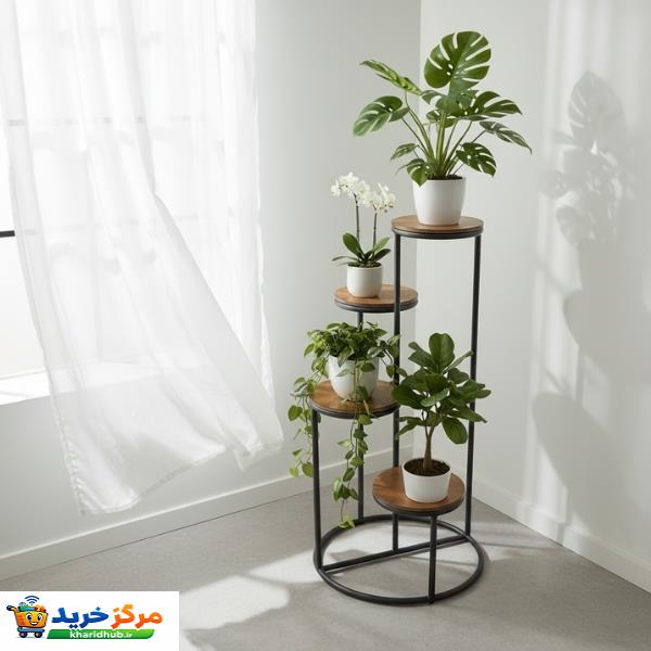 استند گلدان طبقاتی گرد حبک مدل STF8000 با فریم فلزی ضدزنگ و صفحات چوب طبیعی مقاوم، ارتفاع 90 سانتی‌متر، مناسب فضای باز و داخلی برای چیدمان چندگلدانی و دکوری