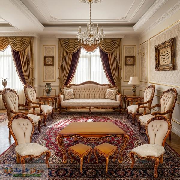 مبل استیل نه نفره با روکش پارچه و پایه چوب مدل خوشه به همراه میز و کوسن