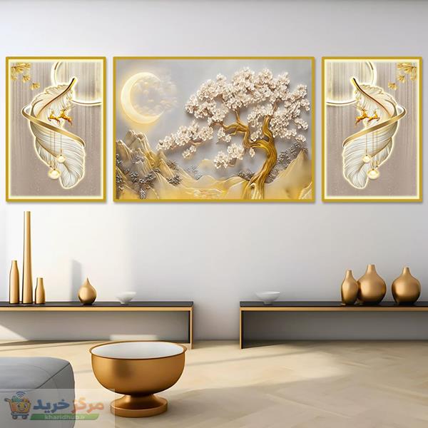 تابلو مدل دکوراتیو گل طرح درخت و ماه مجموعه سه عددی