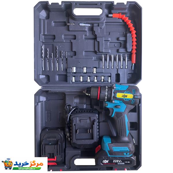 دریل پیچ گوشتی چکشی شارژی براشلس 10 میلی متری 228 ولت جاب مدل JB-228 FX MAX مجموعه 45 عددی