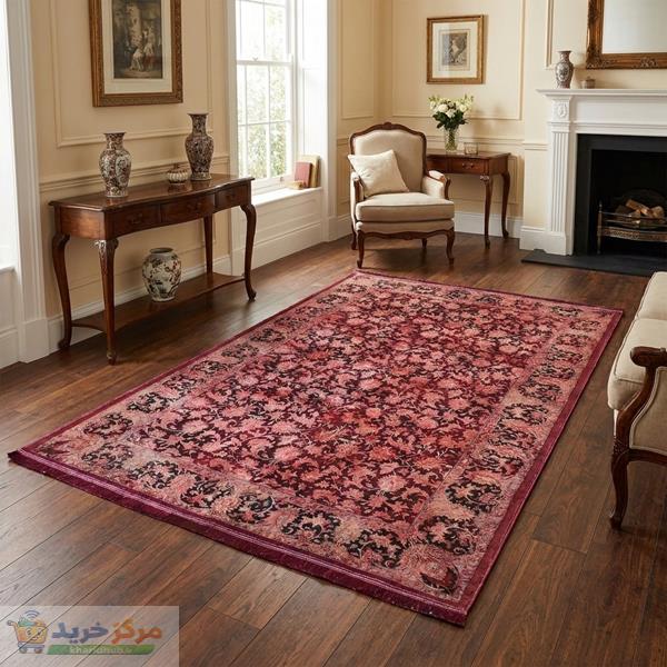 فرش ماشینی 1200 شانه بهراد زمینه و حاشیه لاکی طرح ابریشم کد T1001