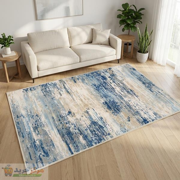 فرش ماشینی 1000 شانه زمینه کرم حاشیه سرمه ای مدل نانو چاپ بدون پرز طرح مینیمال دلتا کد OR.1122.05