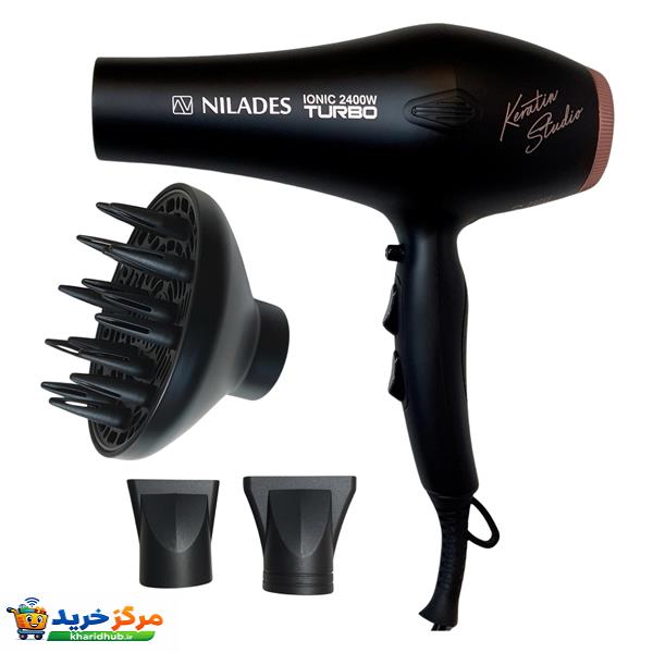 سشوار حرفه‌ای 2400 وات نیلادس مدل Keratin Studio، موتور AC، وزن 550 گرم، المنت سرامیک تورمالین، دارای سری دیسپانسر، متمرکز‌کننده باریک، متمرکز‌کننده پهن با ویژگی فرکنندگی، صاف‌کنندگی، حجم‌دهندگی، با قابلیت باد سرد، فناوری تولید یون، دسته ارگونومیک