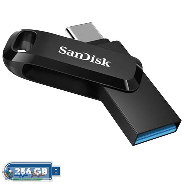 فلش مموری سن دیسک Ultra Dual Drive Go ظرفیت 256 گیگابایت با دو رابط USB Type-C و USB Type-A، طراحی چرخشی، سرعت خواندن 150 مگابایت بر ثانیه، سازگار با کامپیوتر، لپ‌تاپ، تبلت و گوشی موبایل