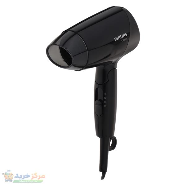 سشوار مسافرتی 1200 وات فیلیپس مدل BHC010، موتور DC، وزن 340 گرم، دارای سری متمرکز‌کننده پهن، با دسته ارگونومیک