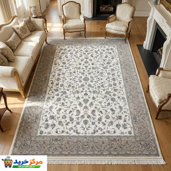 فرش ماشینی 1200 شانه زمینه کرم حاشیه نسکافه ای مدل افشان کلاسیک طرح دستبافت کد 300102