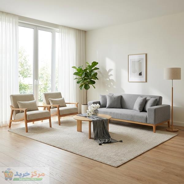 مبل تخت‌خواب‌شو هشت نفره با روکش پارچه و پایه چوب مدل مینیمال منترال به همراه 6 کوسن