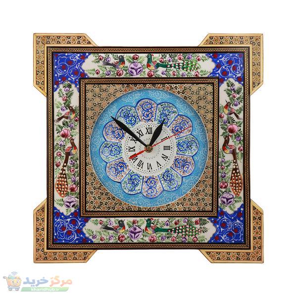 ساعت دیواری خاتم کاری چوبی فراز هنر طرح نقاشی گل و مرغ کد 03