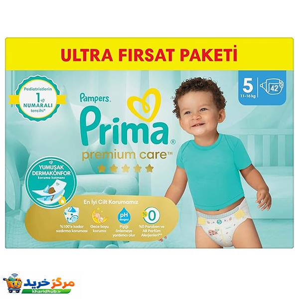 پوشک بچه پریما مدل چسبی PREMIUM  سایز 5 بسته 42 عددی