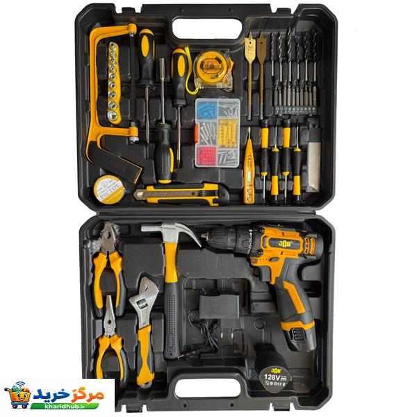 دریل پیچ گوشتی چکشی شارژی سه نظام 10 میلیمتر 128 ولت جاب مدل JB-128 VFX مجموعه 199 عددی