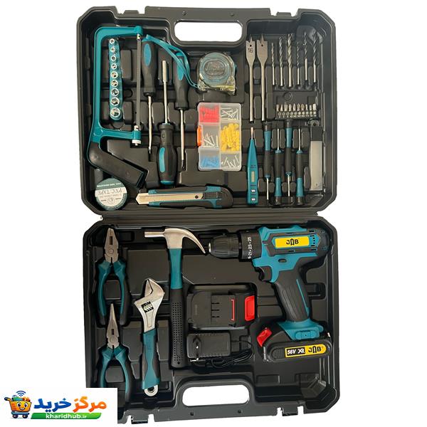 دریل پیچ گوشتی چکشی شارژی 10 میلی متری 212 ولت جاب مدل JB-212 industril مجموعه 199 عددی