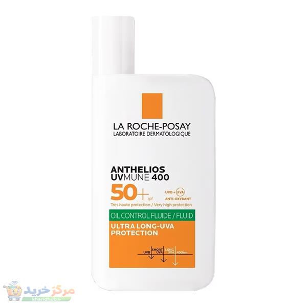 فلوئید ضدآفتاب بی‌رنگ لاروش پوزای +SPF50 مدل Anthelios حاوی محافظ UVA ،UVB، ضدآب مناسب برای انواع پوست حجم 50 میلی‌لیتر