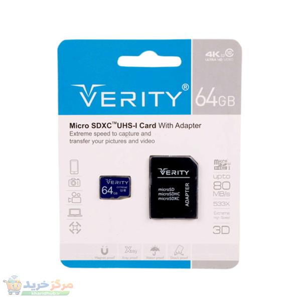 کارت حافظه micro SDXC وریتی مدل 4K کلاس 10 استاندارد UHS-I سرعت 80MBps ظرفیت 64 گیگابایت به همراه آداپتور SD