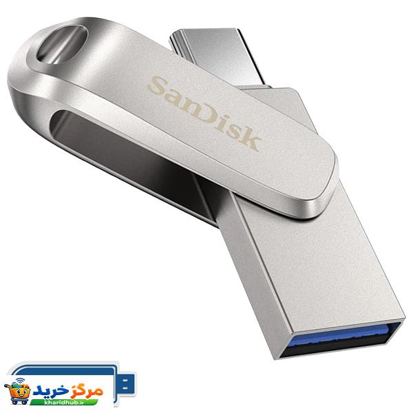 فلش مموری سن دیسک Ultra Dual Drive Luxe ظرفیت 256 گیگابایت با طراحی چرخشی، دو رابط USB Type-C و USB Type-A، استاندارد USB 3.2 Gen1، بدنه فلزی و سازگار با تبلت، گوشی، کامپیوتر و مک