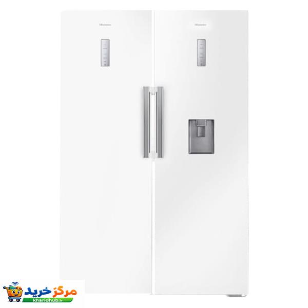 یخچال و فریزر دوقلو 40 فوت هایسنس مدل RS370W/FS270W، دارای نمایشگر و بدون برفک، با ارتفاع 186، پهنای 120 و عمق 67 سانتی‌متر، میزان مصرف انرژی A+، دارای 5 طبقه در یخچال و 5 کشو در فریزر، دارای سیستم نوفراست